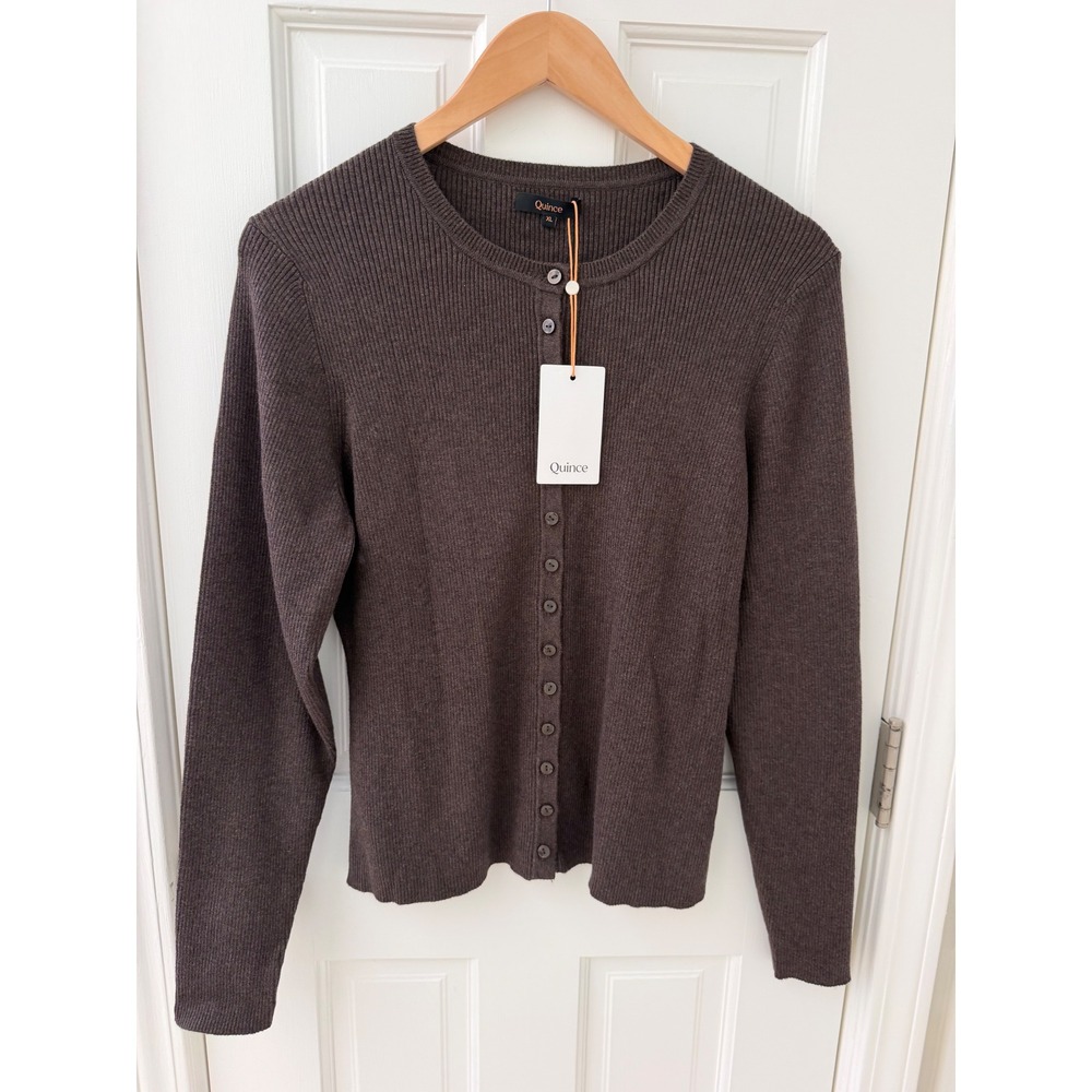 NWT Quince Cotton Cashmere Fitted Ribbed Cardigan Mocha Brown XL